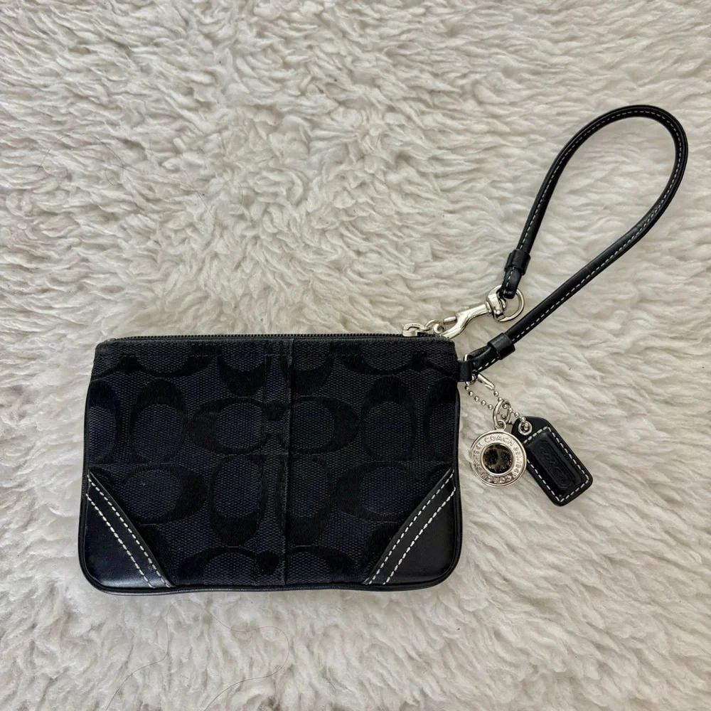 Coach CC Signature Canvas Black Leather Wristlet with Charm